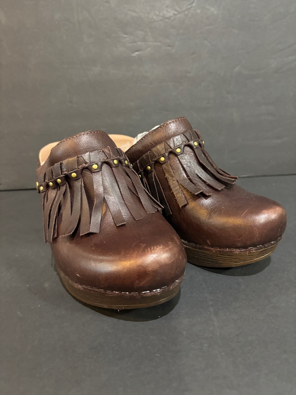 Dansko Brown Leather Fringe Mule Clogs Women’s EU 37 Studded Block Heel Boho